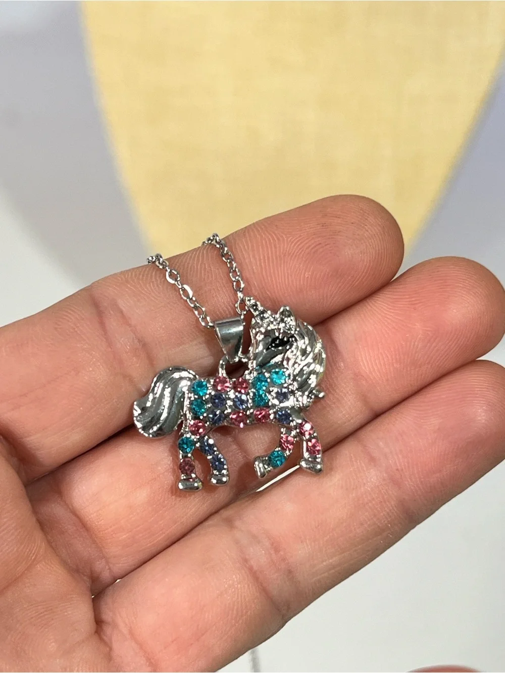 Silver Unicorn Pendant Necklace with Multicolor Crystal Accents